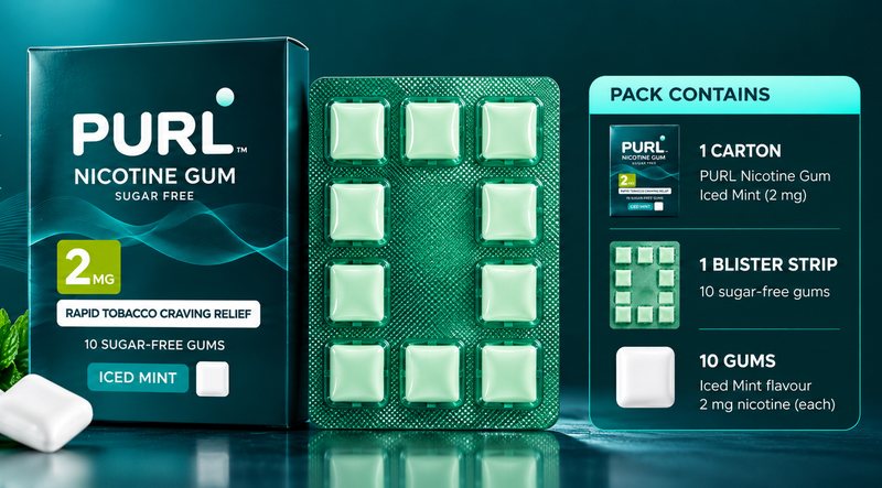 What is in the pack: 1 carton, 1 blister strip, 10 sugar-free Iced Mint gums with 2mg nicotine each
