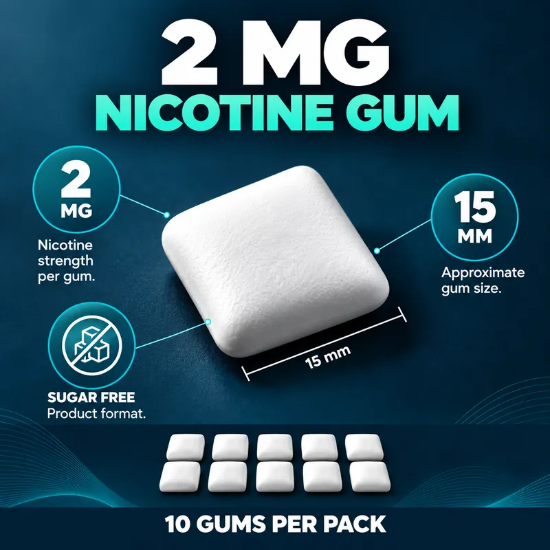 Each gum contains 2mg nicotine, about 15mm across, sugar free, 10 gums per pack