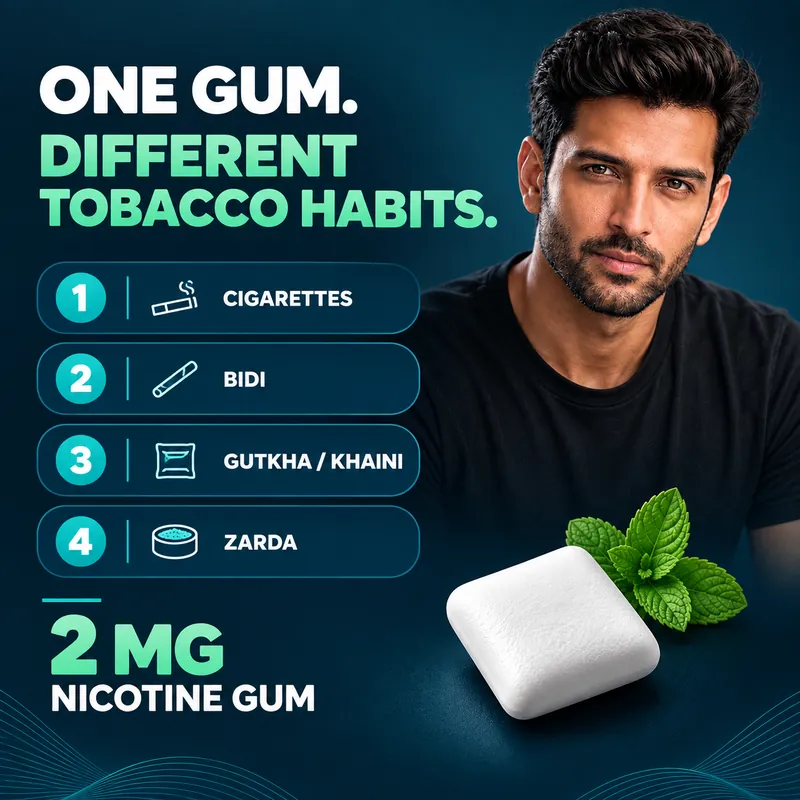 One 2mg gum for different tobacco habits: cigarettes, bidi, gutkha or khaini, zarda