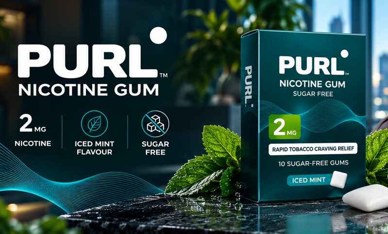 PURL Nicotine Gum 2mg, Iced Mint flavour, sugar free, with a pack, white gums and fresh mint