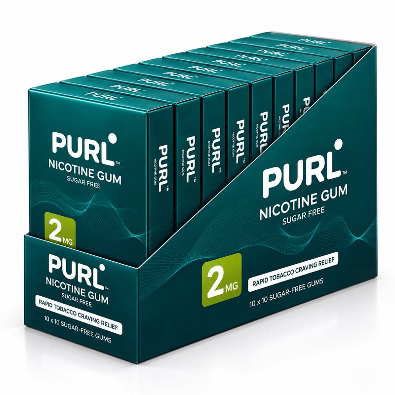 PURL Nicotine Gum counter display tray holding 10 packs